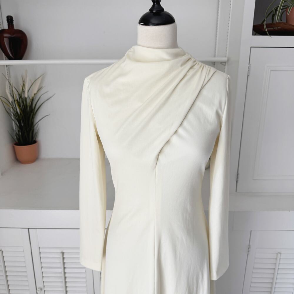 Vintage Handmade Off-White Minimalist Pleated Drape Long Sleeve Wedding Dress S